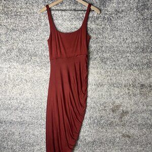 Asymmetrical Ruched Dress Womens Medium Rust Red‎ Sleeveless Scoop Neck Bodycon